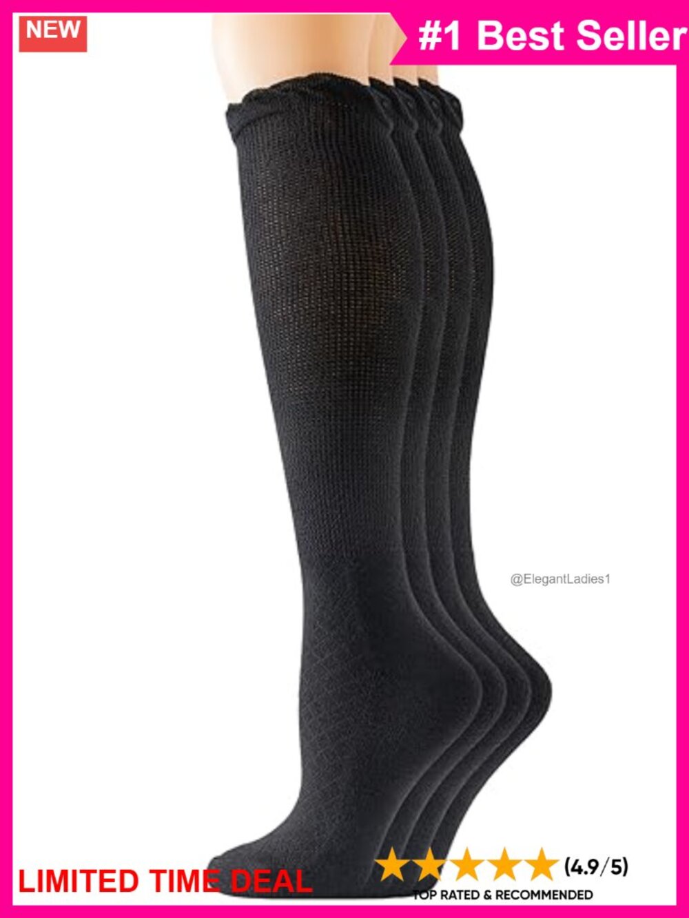Women's Diabetic Knee-High Seamless Lace Socks 4 Pairs